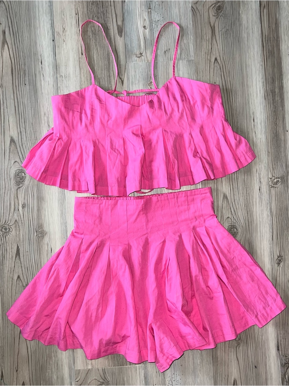 Free People Miki Hot Pink Pleated Top and Skirt Set Small High Waisted